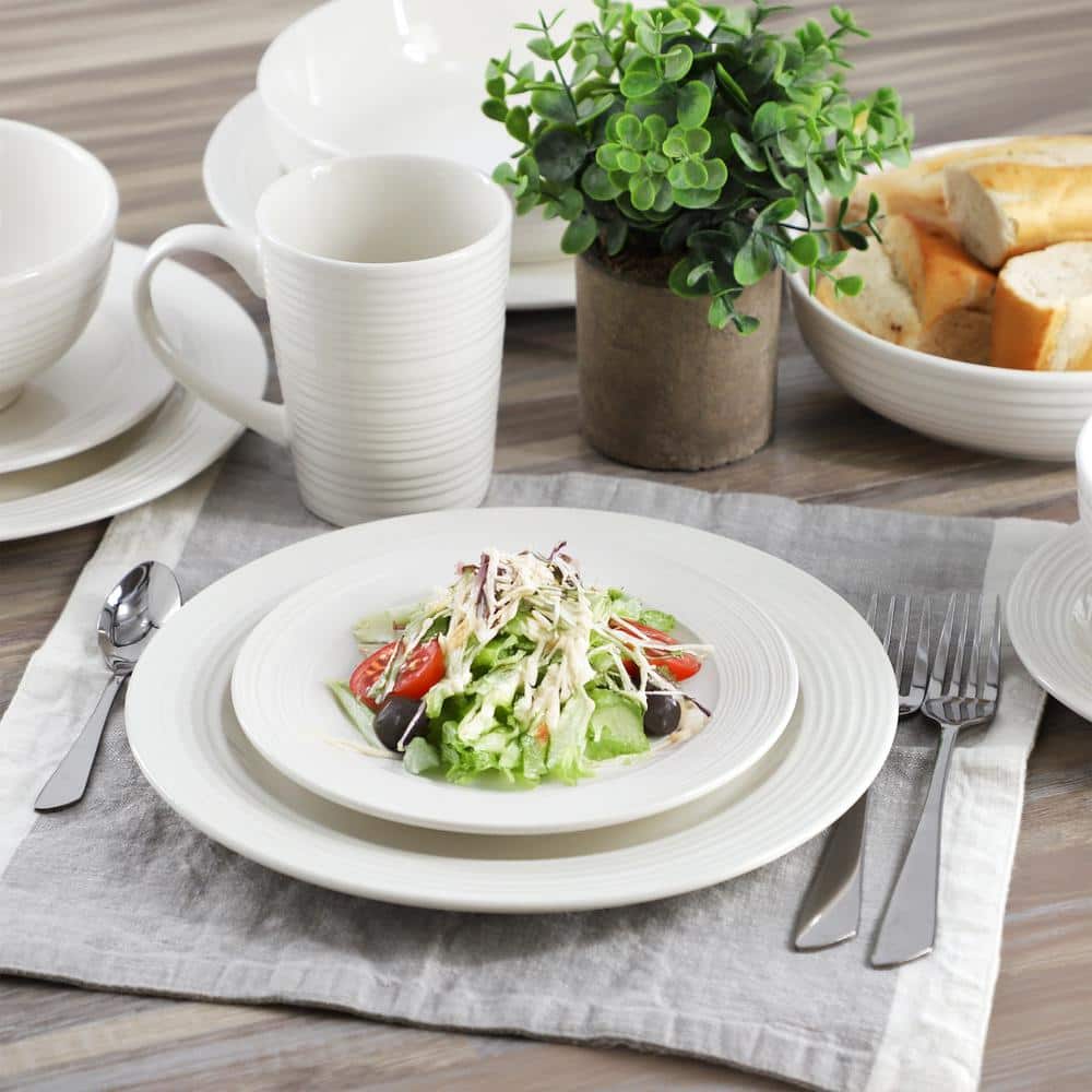 Nikki 18-Piece Ribbed White Porcelain Dinnerware and Serving Bowl Set - Hercitys
