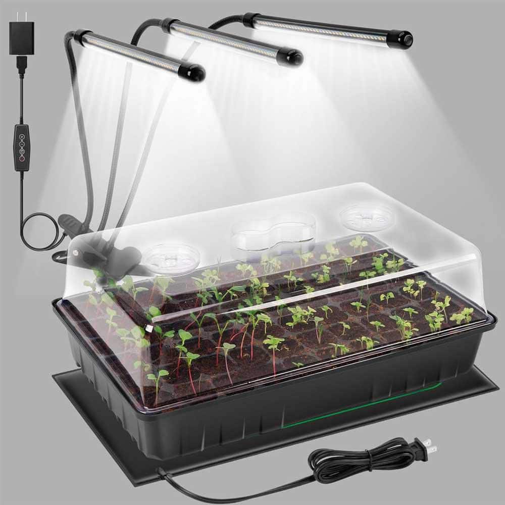 60-Cell Seed Starter Kit with Grow Light and Heat Mat, 4.3 in. Humidity Dome, Waterproof Heat Mat, Plastic Trays - Hercitys