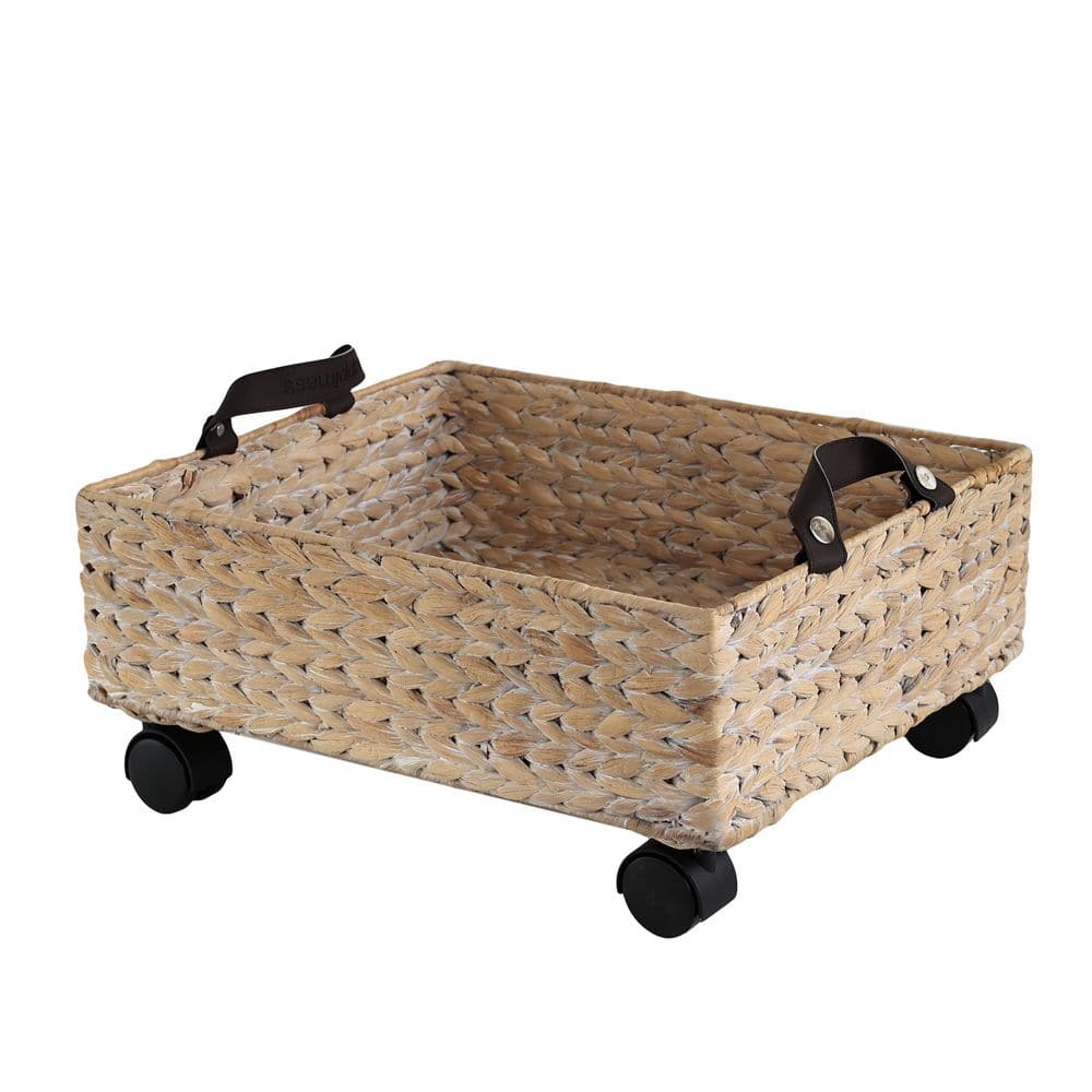 Adaline 5-Gal. Classic Farmhouse Handwoven Hyacinth Rectangular White Wash Underbed Storage Bin w/ Wheels and Handles - Hercitys