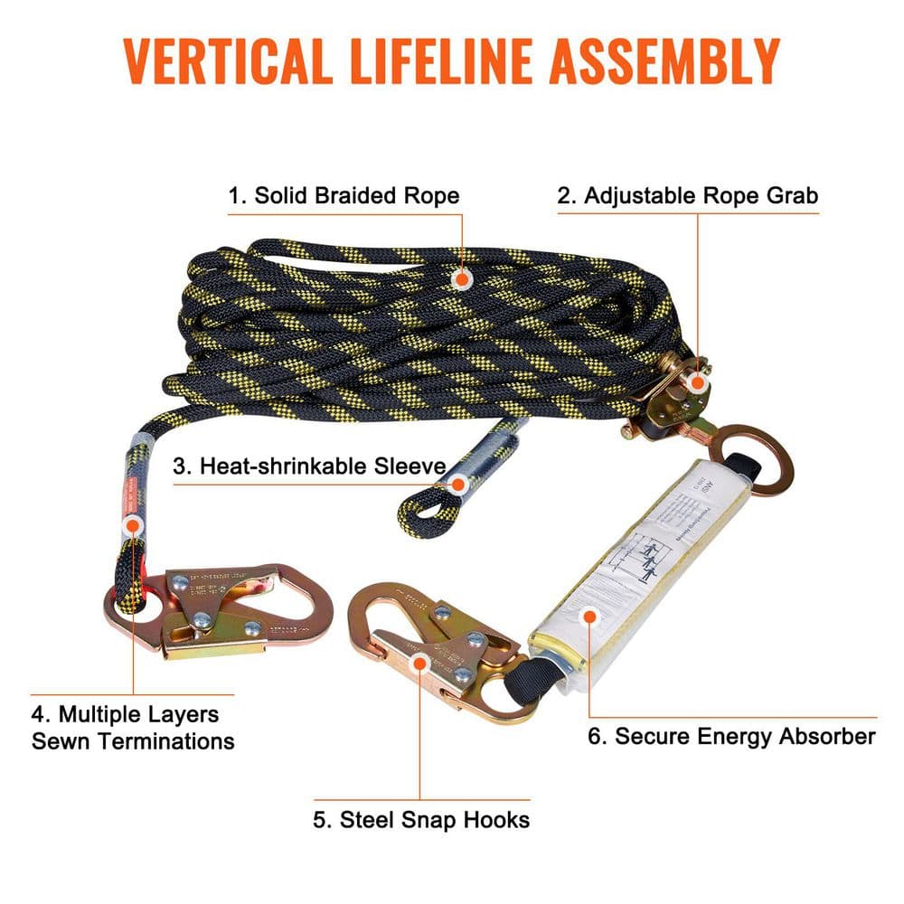 Vertical Lifeline Assembly, 25 ft. Fall Protection Rope with 30 KN Breaking Tension, Polyester Roofing Rope - Hercitys