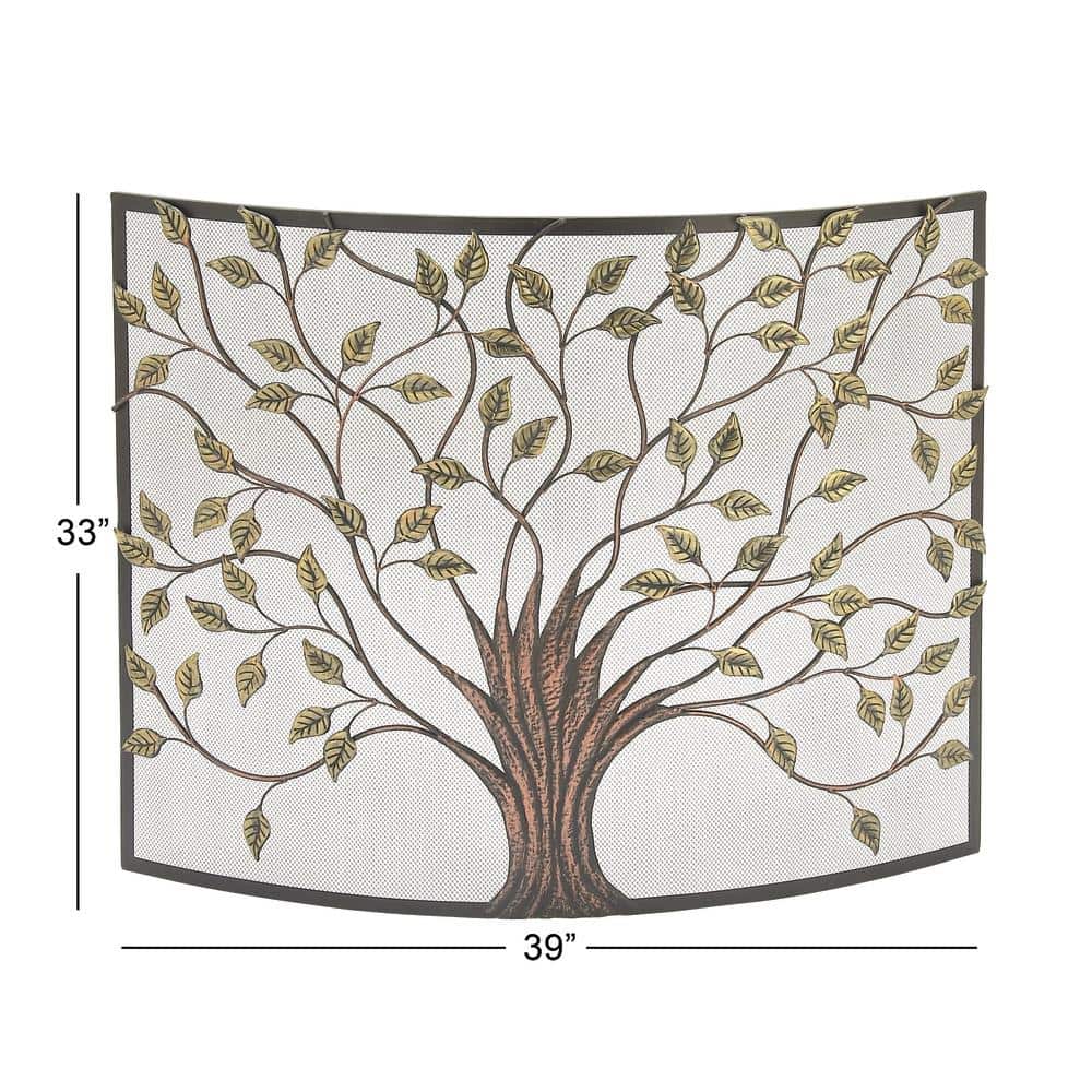 Bronze Metal Tree Sculpted Relief Single Panel Fireplace Screen with Curved Mesh Netting - Hercitys
