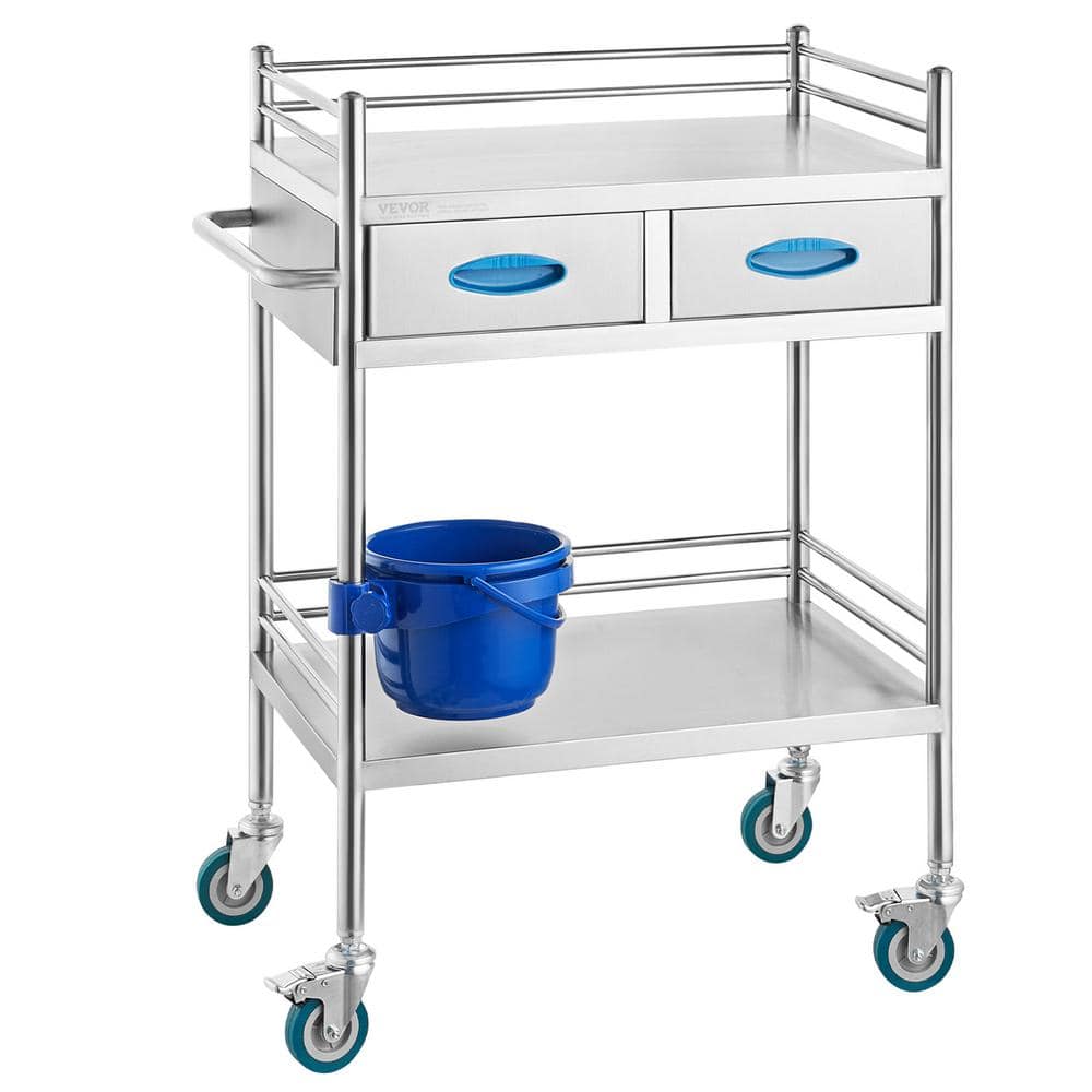 Utility Cart，Lab Serving Cart, Kitchen Cart, Medical Cart with 2-drawers, Dental Cart with Lockable Wheels, Sliver - Hercitys