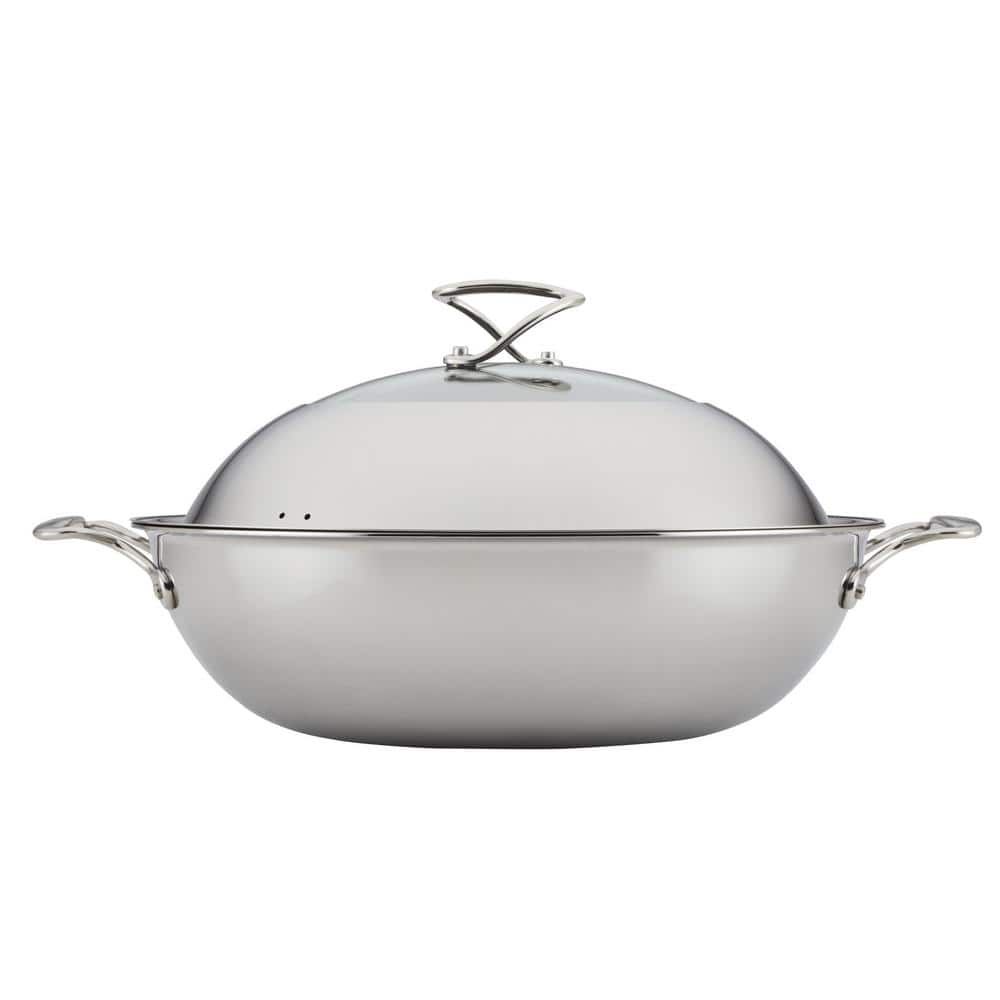 SteelShield Large 14 in. Clad Stainless Steel Induction Wok with Hybrid SteelShield and Nonstick Technology, with Lid - Hercitys