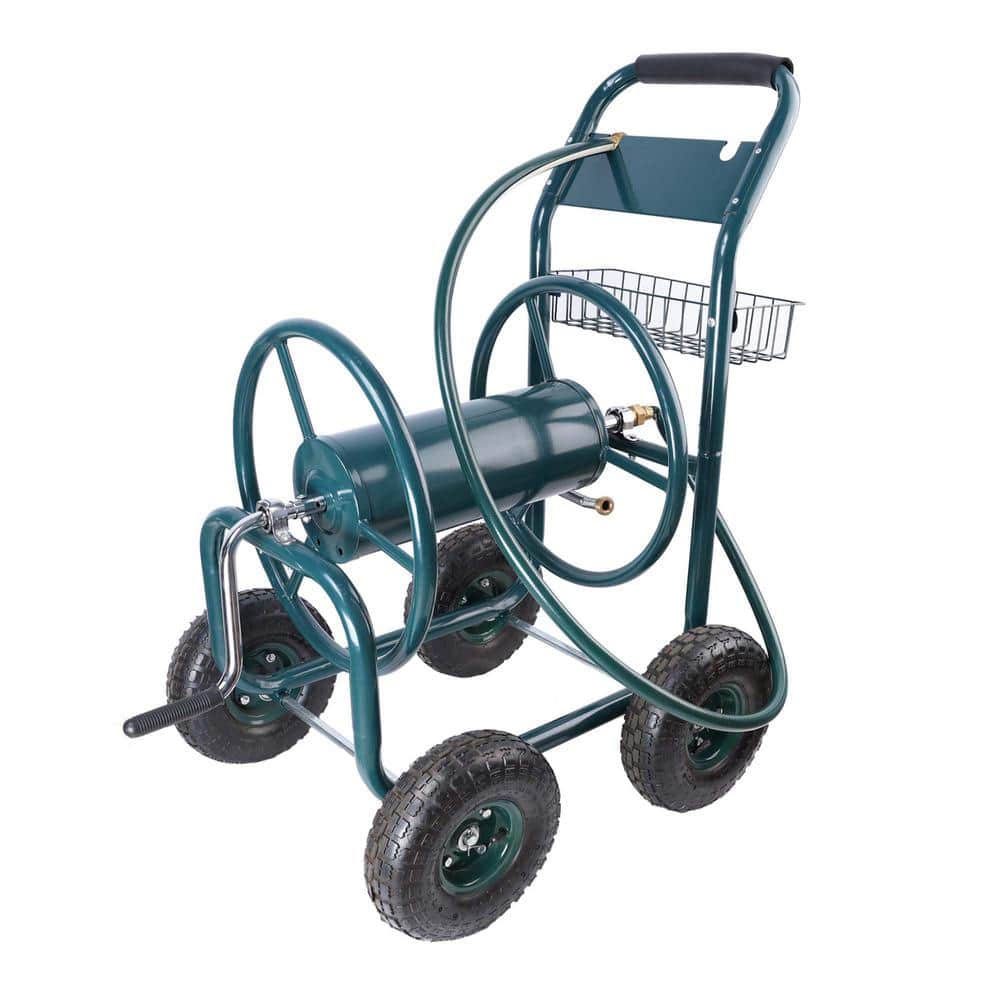 Garden Hose Reel Cart, Heavy-Duty Hose Rack, 4-Wheeled Portable Cart with Storage Basket, Green - Hercitys