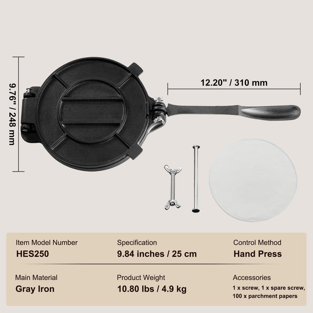 Tortilla Press, 8 In. Tortilla and Roti Maker, Cast Iron Heavy Duty Tortilladora Press, Pre-Seasoned Pataconera Maker - Hercitys