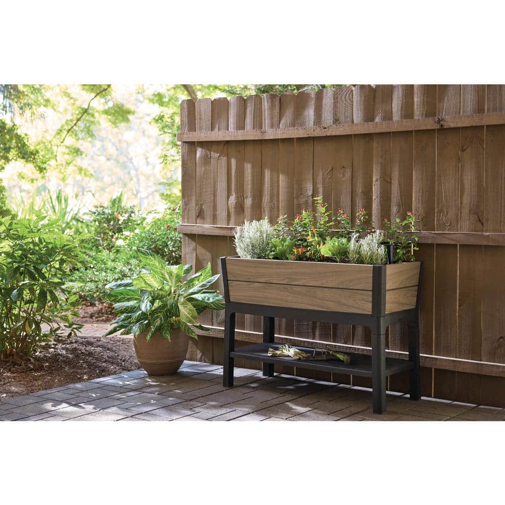 Oak Vinyl Resin Garden Bed Planter with Storage Shelf (44 in. L x 18 in. W x 31 in. H) - Hercitys