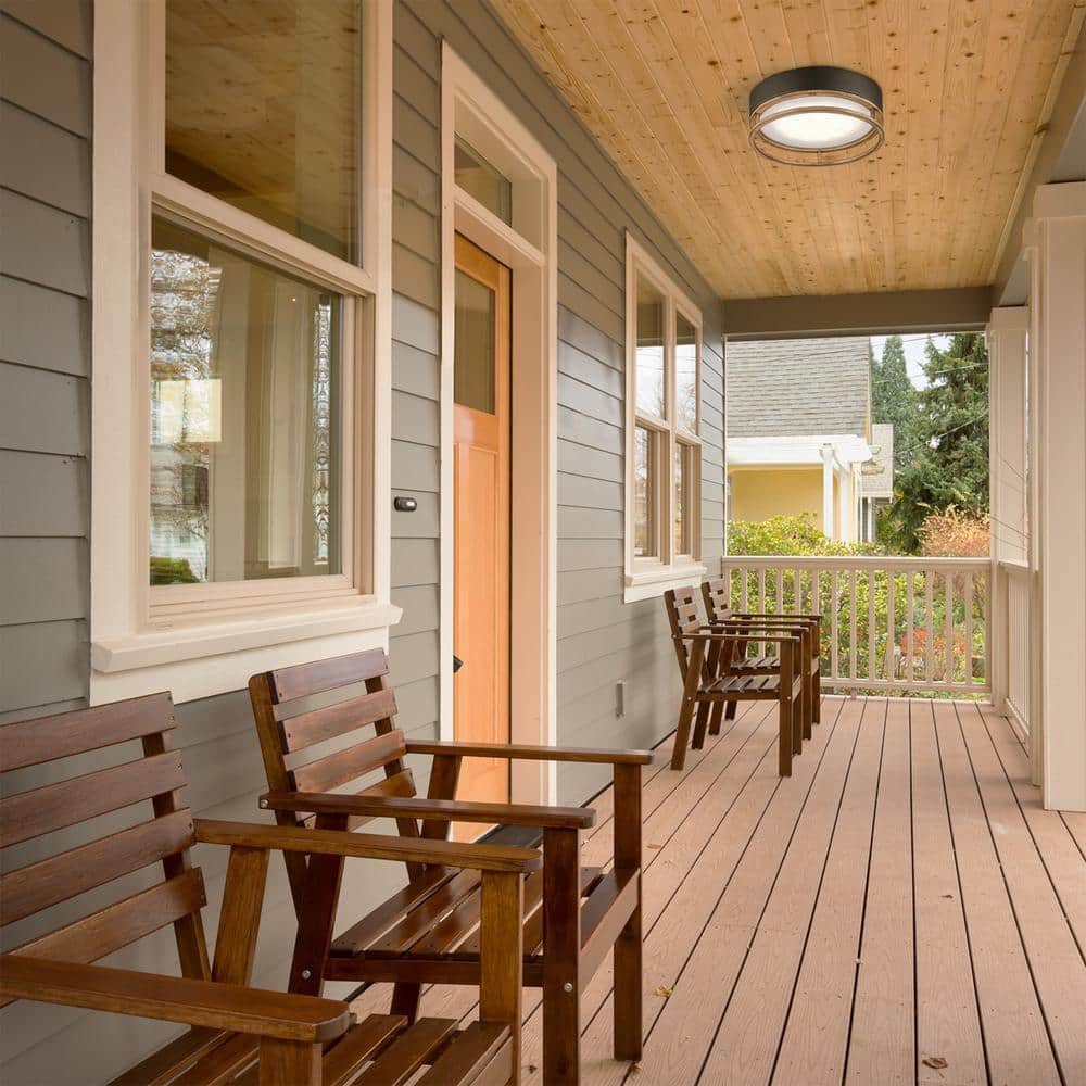 Ray 1-Light Mate Black 18.5-Watt LED Integrated Outdoor Indoor Flush Mount Ceiling Light with Faux Wood Accent - Hercitys