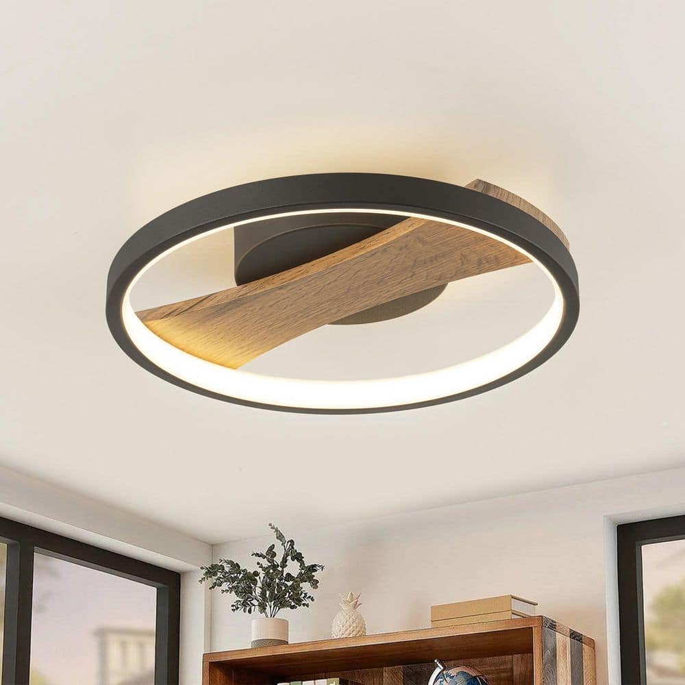 Vanessa 11.8 in. Modern Black Circle Round Wood Integrated LED Semi-Flush Mount Light - Hercitys