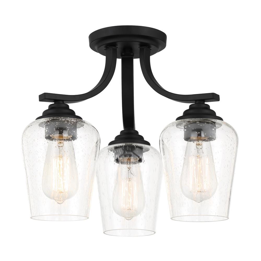 Shyloh 15.5 in. 3-Light Black Semi-Flush Mount to Chandelier with Clear Seeded Glass Shades - Hercitys