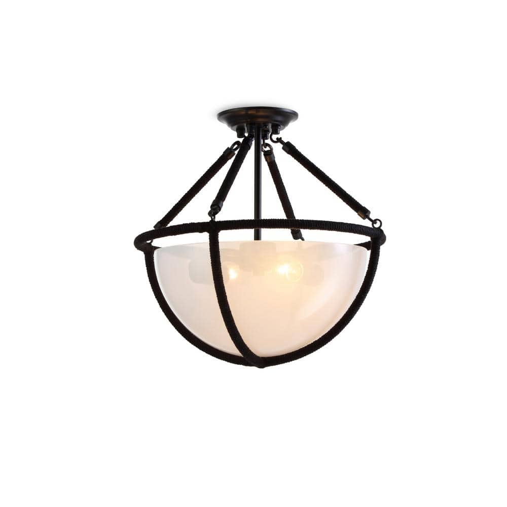 Voyager 16 in. W 2-Light Matte Black Flush Mount Ceiling Light with Rope Detailing-Modern Lamp with Smoked Glass Shade - Hercitys