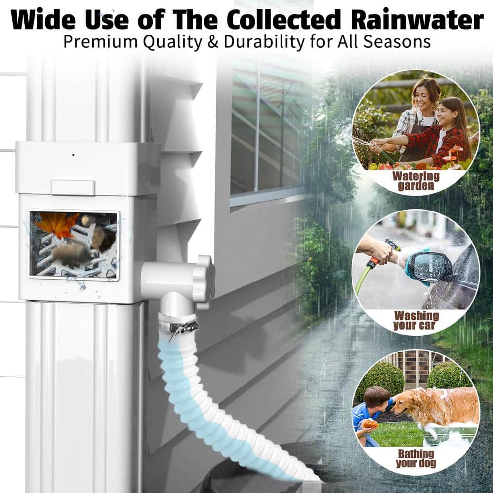 White Plastic Rain Barrel Diverter Kit with Adjustable Valve, Filter, 5 ft. Hose for 2×3 and 3×4 in. Standard Downspouts - Hercitys