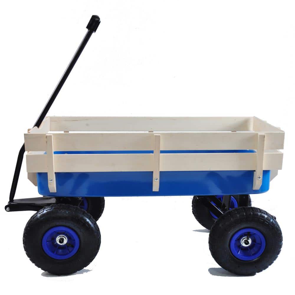 7.2 cu ft. Outdoor Metal Wagon Garden Cart Wooden Side Panels, Blue - Hercitys