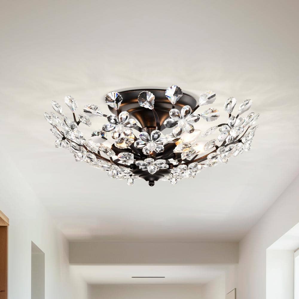 Marta 21 in. 5-light Antique Copper Crystal Glass Flowers Blooms Flush Mount - Hercitys