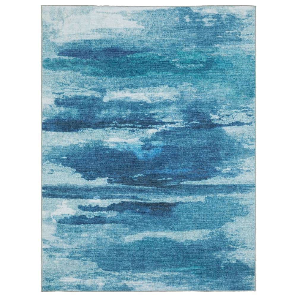 Summit Blue 5 ft. x 7 ft. Abstract Sky Polyester Machine Washable Indoor Area Rug - Hercitys