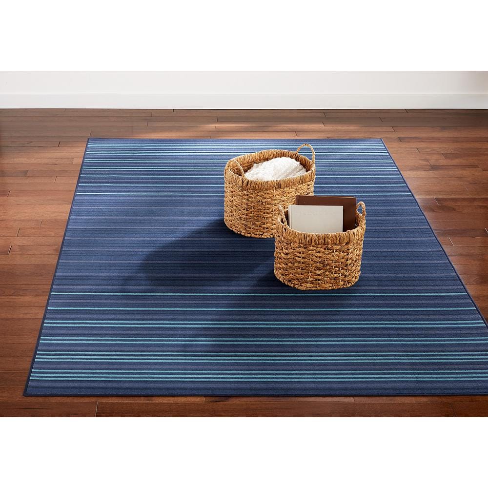 Basic Layne Modern Stripe Navy Blue Blue 5 ft. x 7 ft. Machine Washable Area Rug - Hercitys