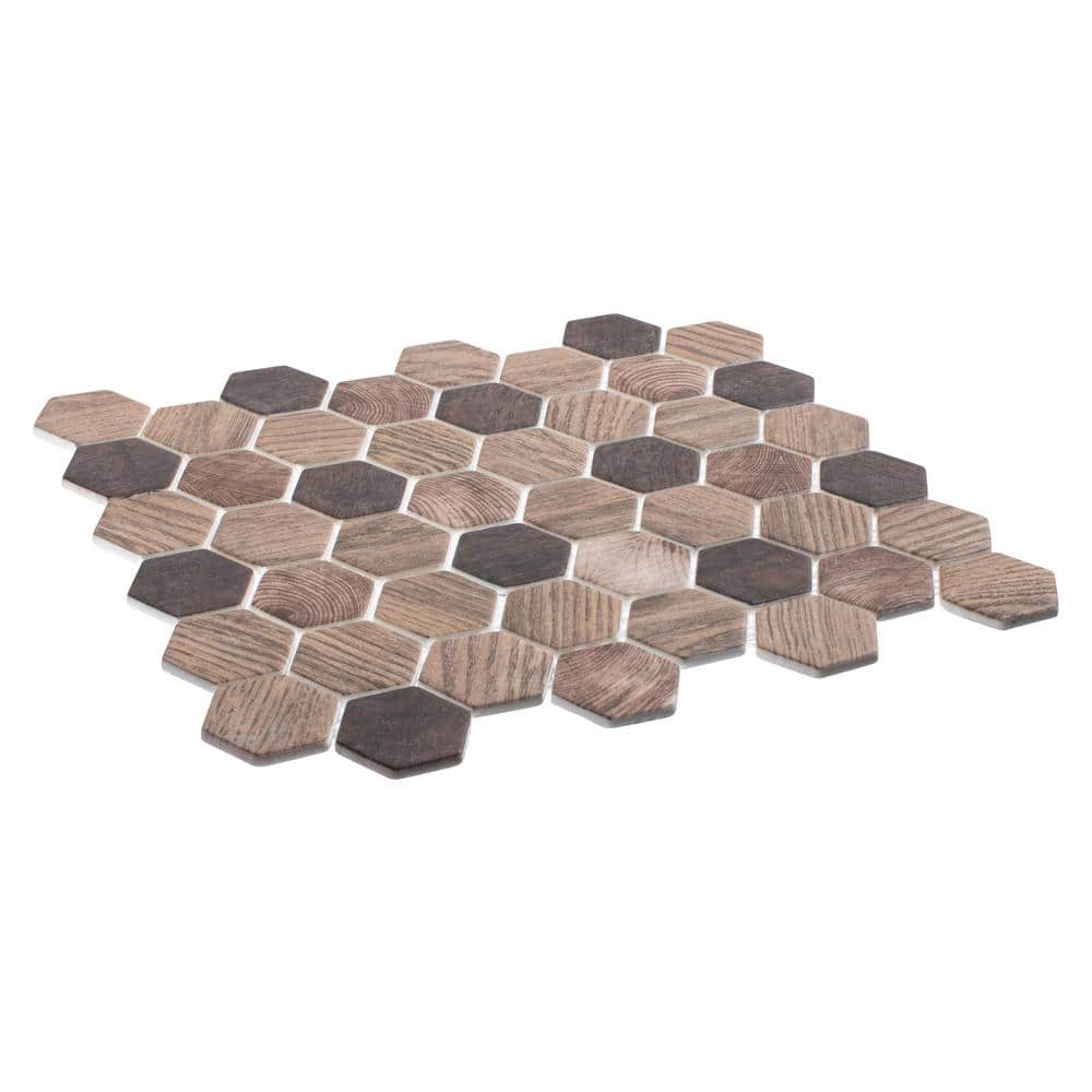 Terrain Walnut Brown 2-in. Hexagon Honeycomb Wood Look Matte Glass Wall and Floor Mosaic Tile (5 sq. ft./Case) - Hercitys