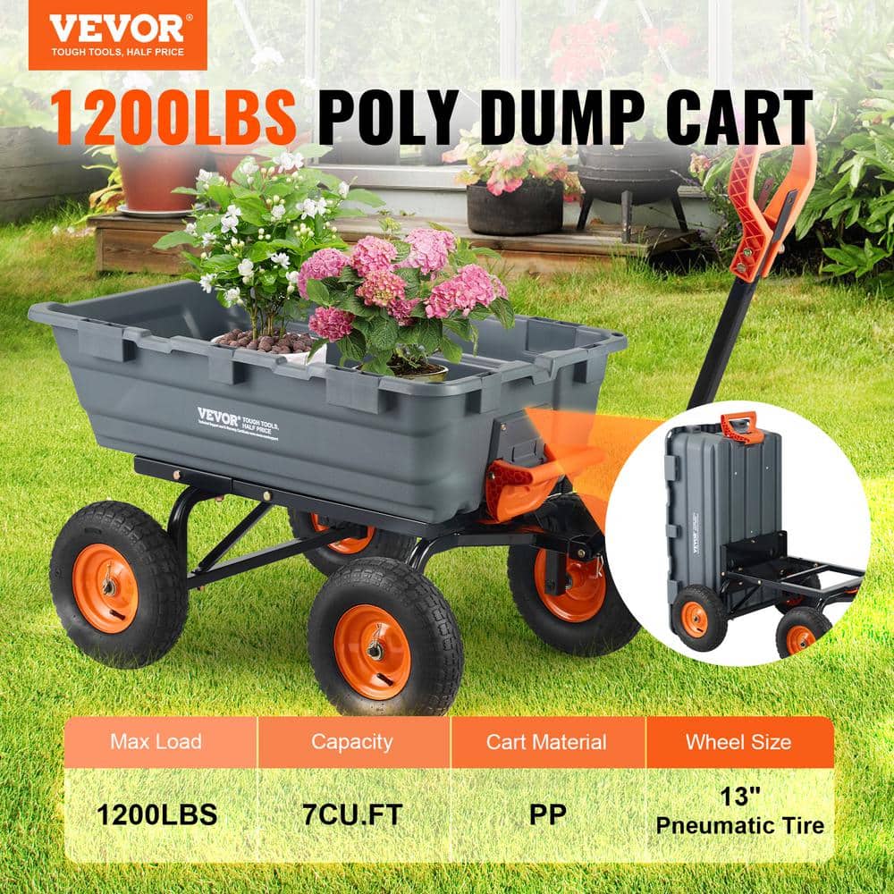 6.48 cu. ft. Steel Frame Poly Garden Dump Cart Dump Wagon Garden Cart Dump Cart with 2-in-1 - Hercitys