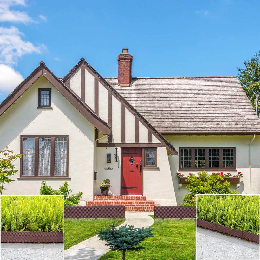 Set of 8-Pieces Decorative Rattan-Inspired Plastic Landscape Edging and Garden Fence Borders in a Rich Brown for Lawn - Hercitys