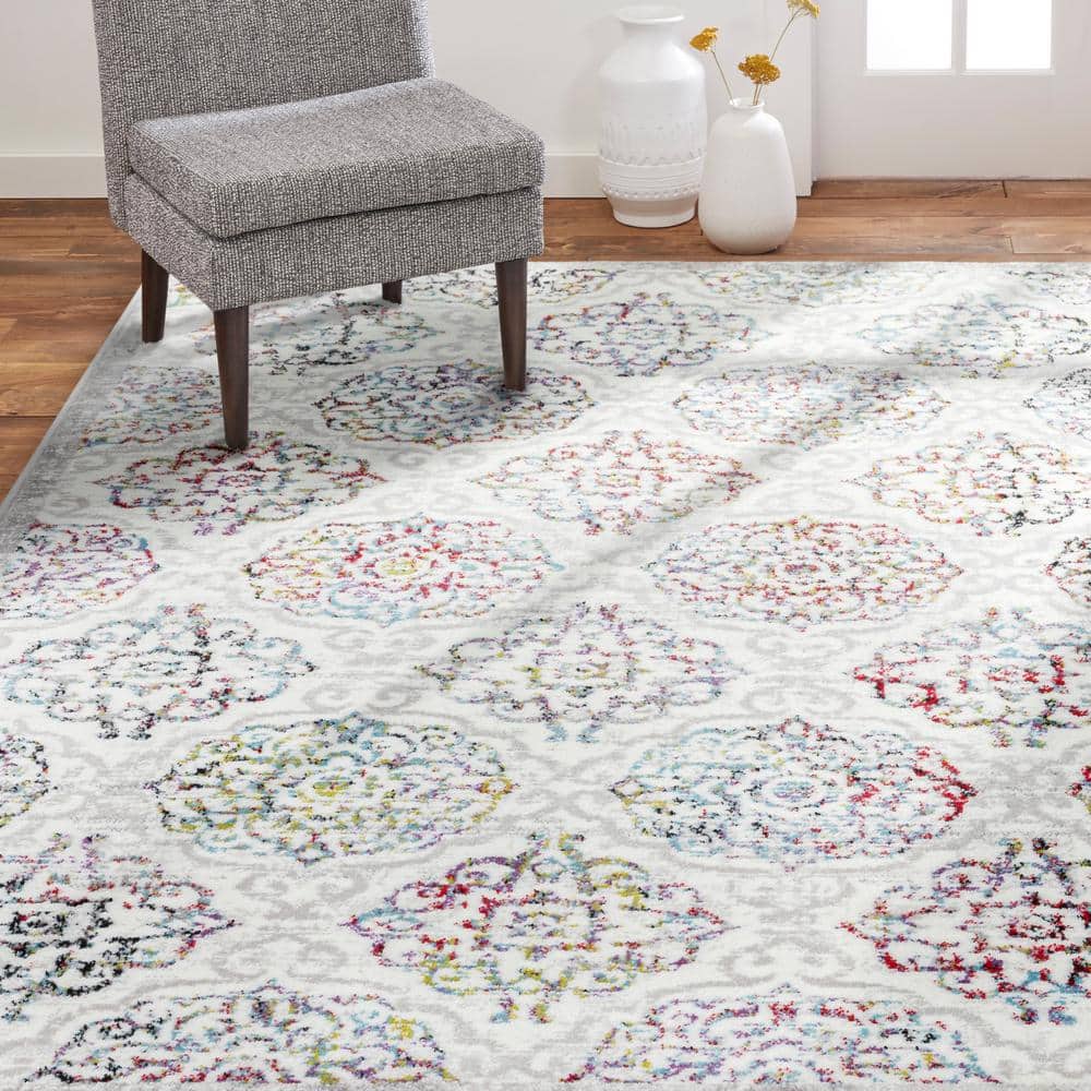 Boho Andorra Ivory/Blue 5 ft. x 7 ft. Damask Area Rug - Hercitys