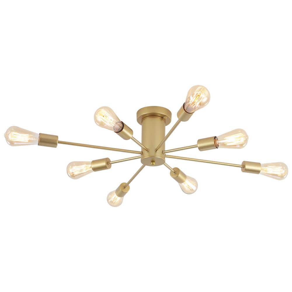 Theis 30.12 in. 8-Light Gold Semi Flush Mount Sputnik Chandelier Linear Ceiling Mount Light for Bedroom Dining Room - Hercitys