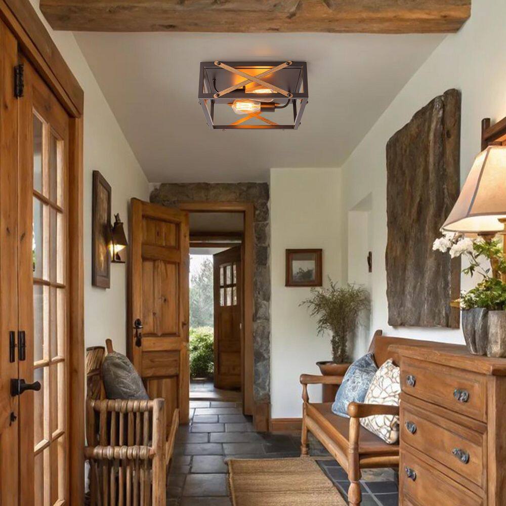 Lumin 2-Light 14.2 in. W Oil Rubbed Bronze Flush Mount Geometric Square Ceiling Light with Metal Cage Frame for Kitchen - Hercitys