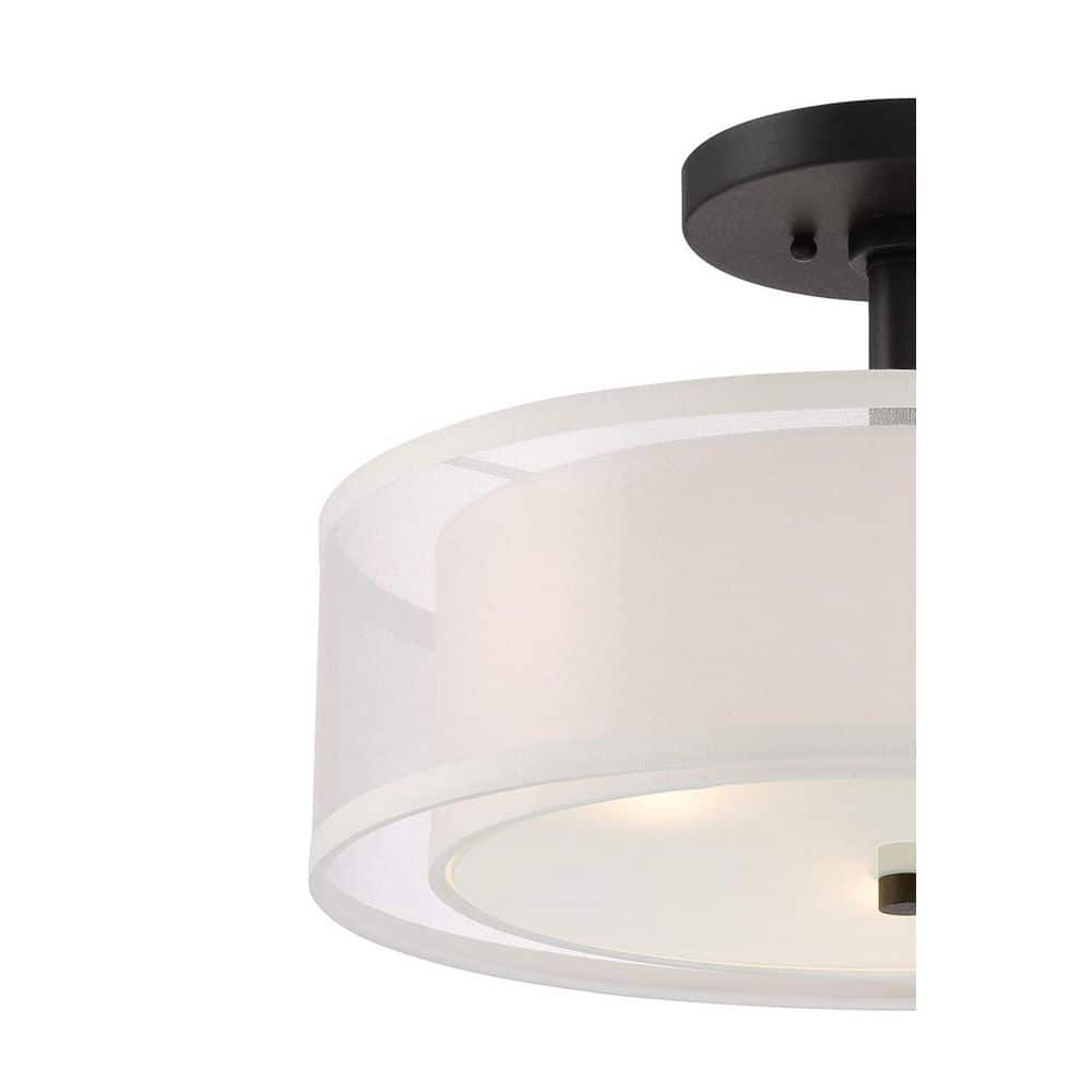 Parsons Studio 15 in. 3-Light Sand Black Semi-Flush Mount with Translucent Silver Linen and Etched White Glass Shade - Hercitys