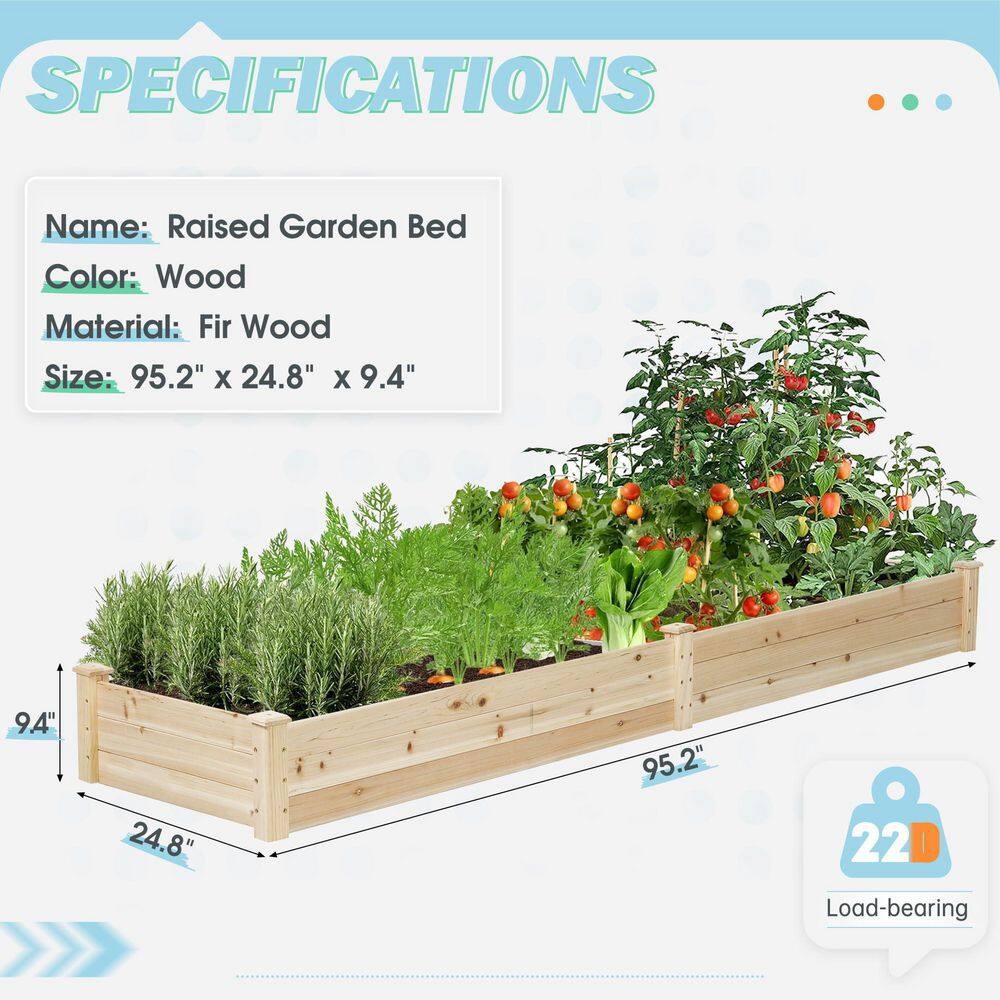 96 in. D x 24 in. W x 10 in. H Wood Raised Garden Bed, Elevated Planting Planter Box Kit for Yard and Garden, Natural - Hercitys