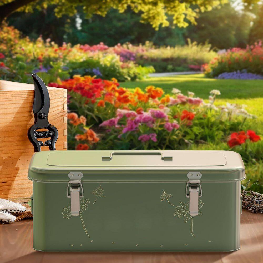 Seed Storage Organizer Metal Box with Lid 4 Compartments Safety Locks w/ 30 Labels 30 Envelopes 1 Marker Blackish Green - Hercitys