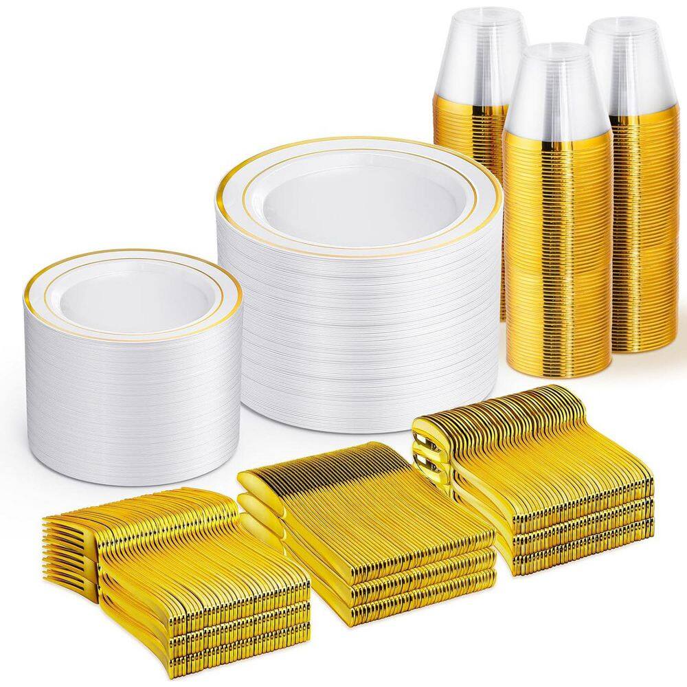 Gold and White Disposable Dinnerware Set for 100-Guests, 100-Piece Kit - Hercitys