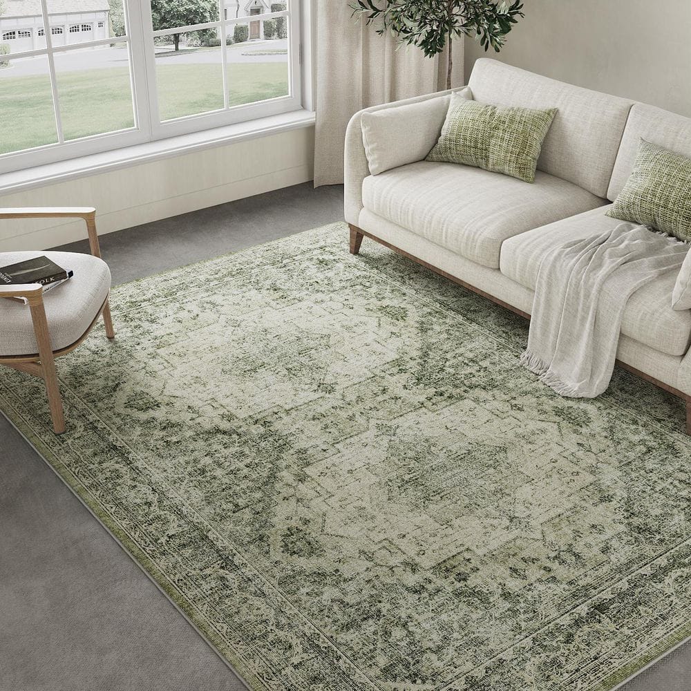 Apollo Green 5 ft. x 7 ft. Vintage Washable Medallion Distressed Area Rug - Hercitys