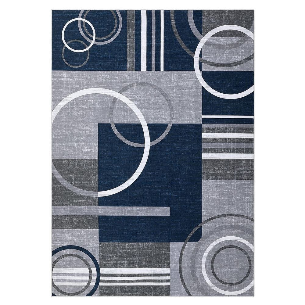 Dark Blue 9x12ft Geometric Abstract Washable Area Rug - Hercitys