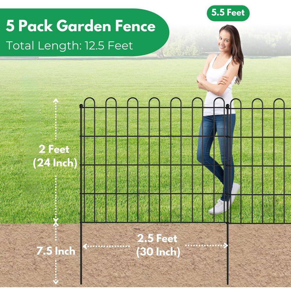 Decorative Garden Fence Border 24 in. H Rustproof Black Metal Animal Barrier for Dogs 13 ft. L 5 Pack - Hercitys
