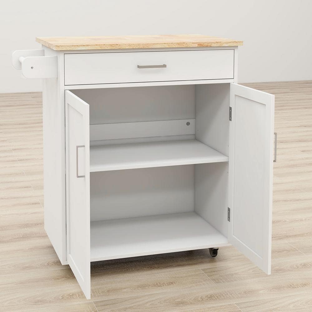 Rolling White Wood 32.68 in. Kitchen Island with Drawers and Towel Rack - Hercitys