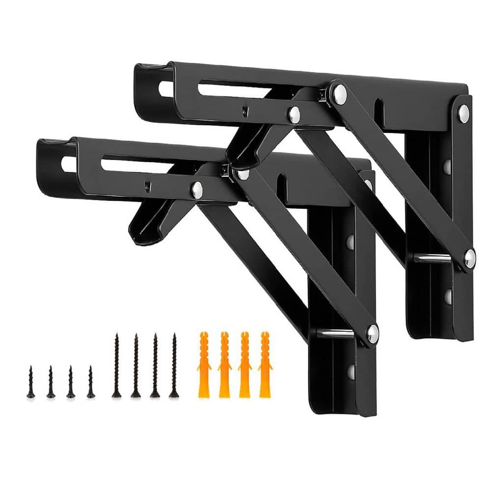 8 in. H Stainless Steel 330 lb. Load Capacity Folding Shelf Bracket, Matte Black Space-Saving Design (2-Pack) - Hercitys