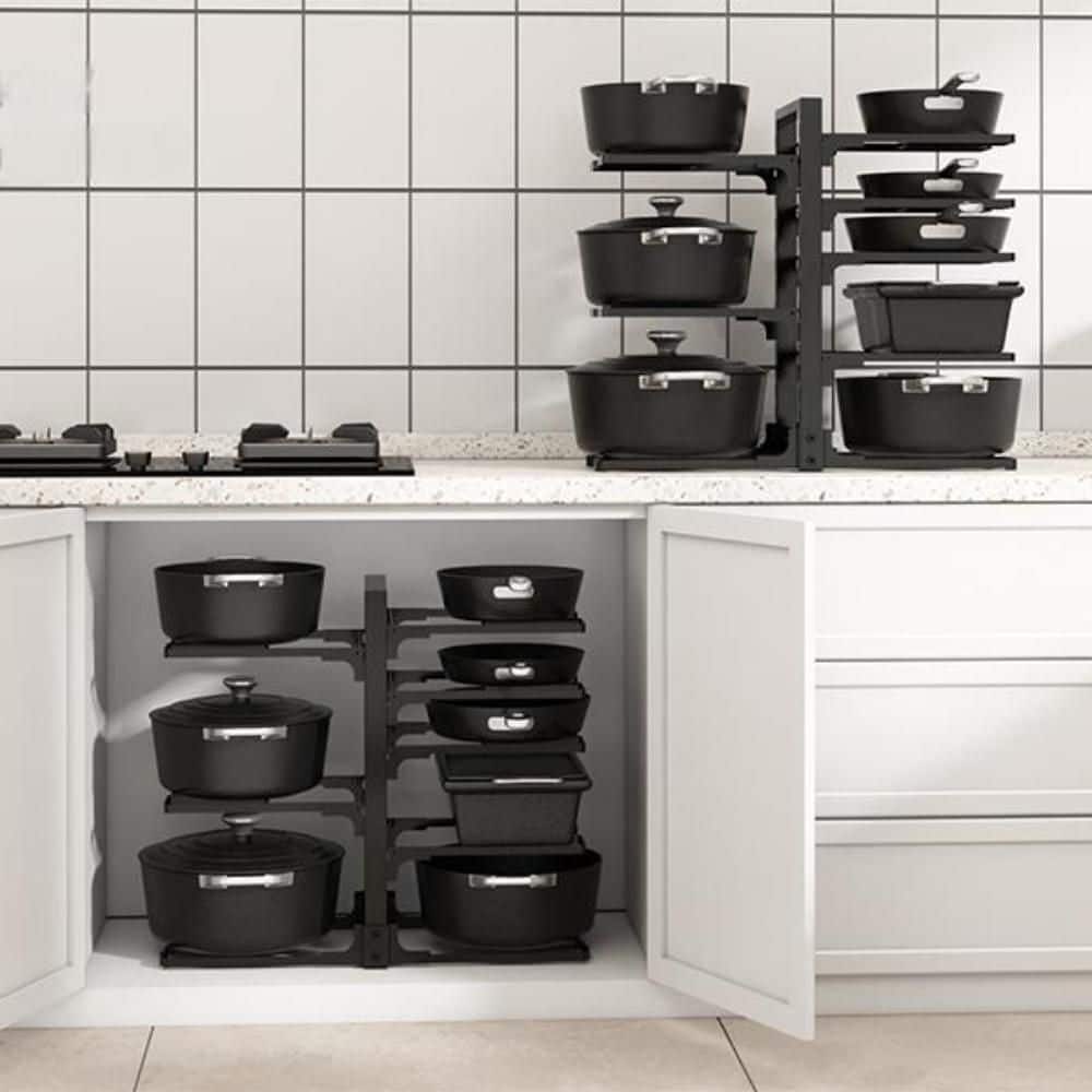 8-Tier Black Carbon Steel Adjustable Under Cabinet Standing Pot Rack, Pots and Pans Organizer Inside Cabinet - Hercitys