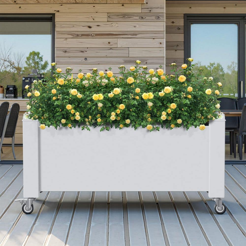 White Wood Rectangles Outdoor Mobile Raised Garden Bed with Wheels-Includes Built-in Water Storage and Planting Space - Hercitys