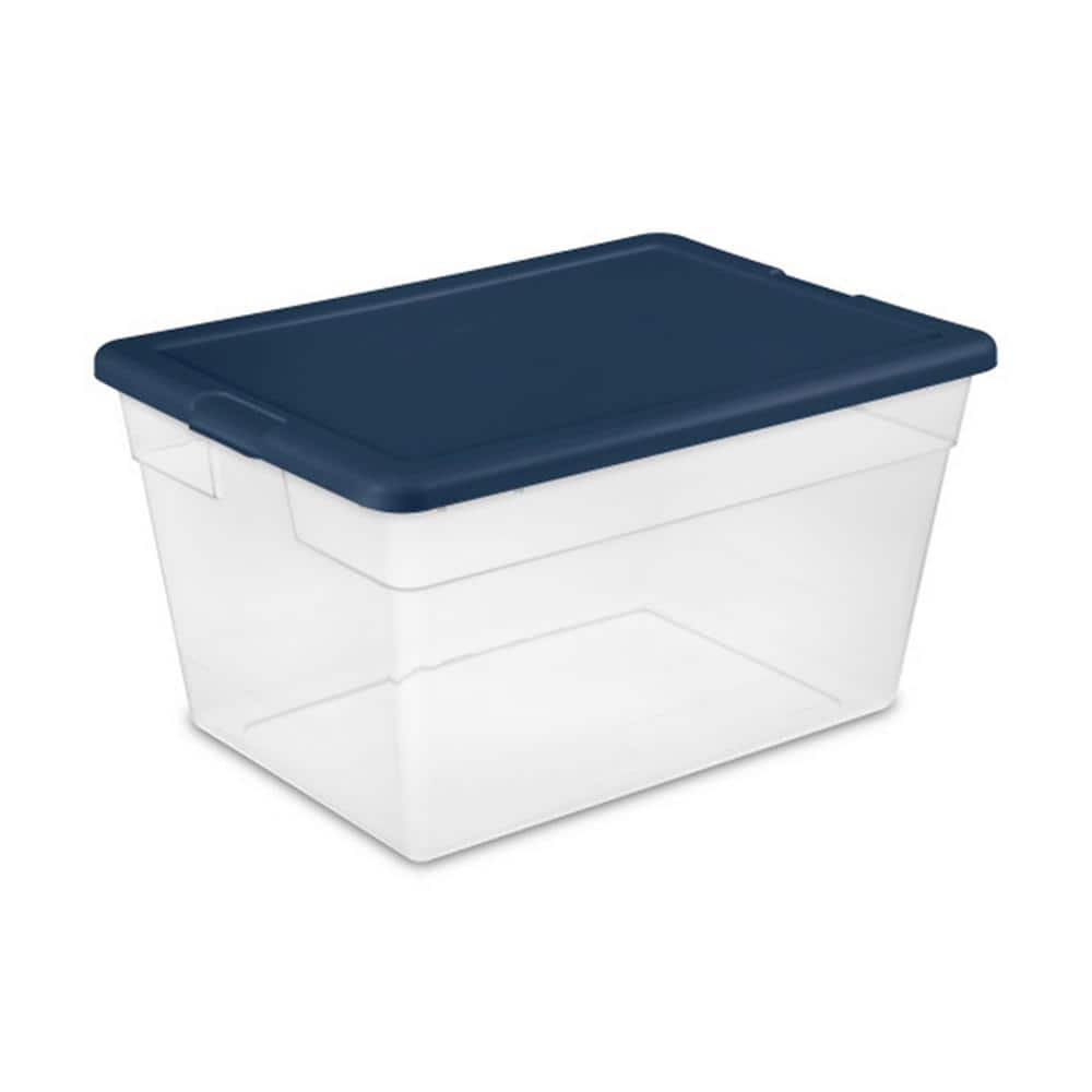 Stackable 56 qt. Storage Tote with Marine Blue Lid in Clear (8-Pack) - Hercitys