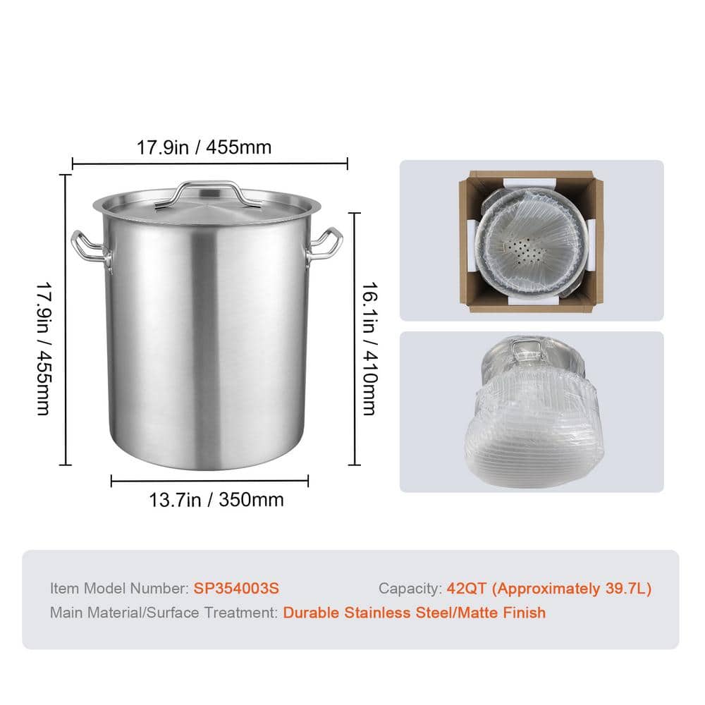 Stainless Steel Stockpot, 42 qt. Stainless Steel, in Stainless Steel Cookware Sauce Pot with Strainer, Lid, and Handle - Hercitys