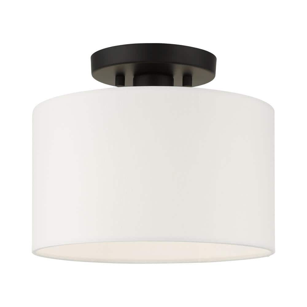 Mercury 10 in. 1-Light Black Semi Flush Mount with Off-White Fabric Shade - Hercitys