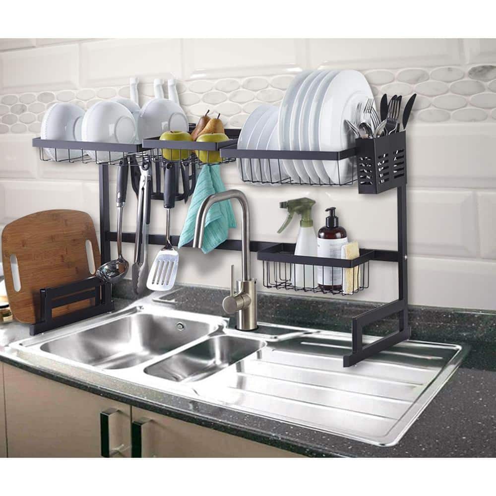 X-Large Over the Sink Adjustable Dish Rack Drainer with Utensils Hooks Cutlery Holder - Hercitys