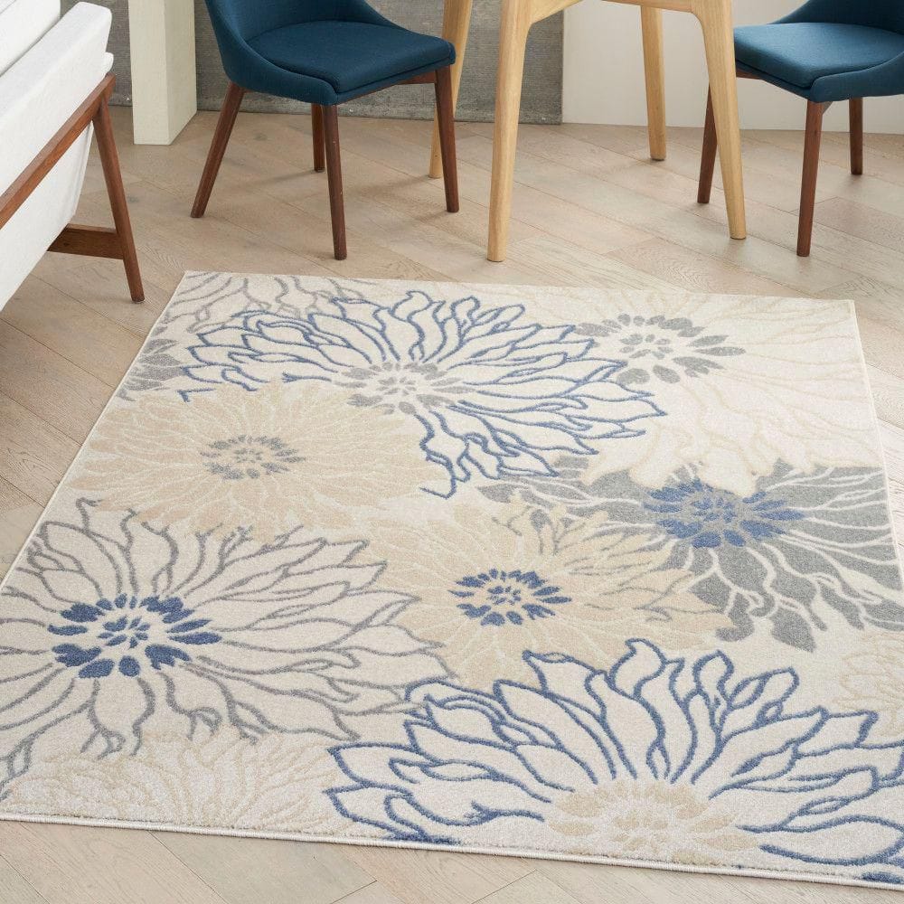Passion Ivory Grey Blue 5 ft. x 7 ft. Floral Contemporary Area Rug - Hercitys