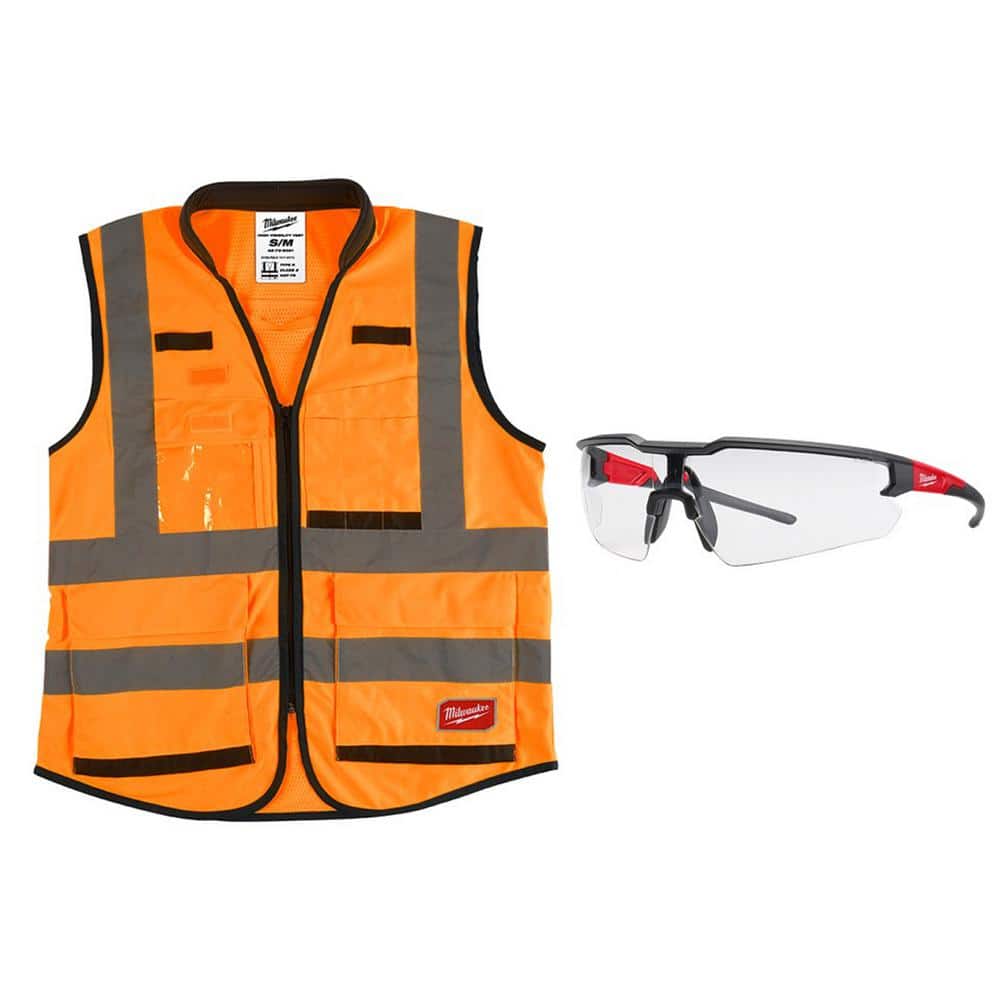 Premium Small/Medium Orange Class 2-High Visibility Safety Vest with 15 Pockets and Clear Anti Scratch Safety Glasses - Hercitys