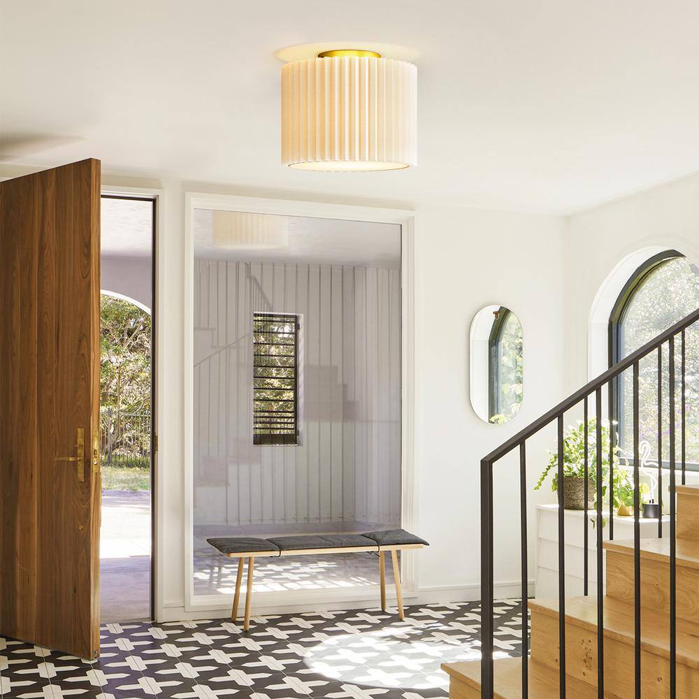 Regan 11 in. Brass-Colored Modern Semi-Recessed Ceiling Light with White Lampshade - Hercitys