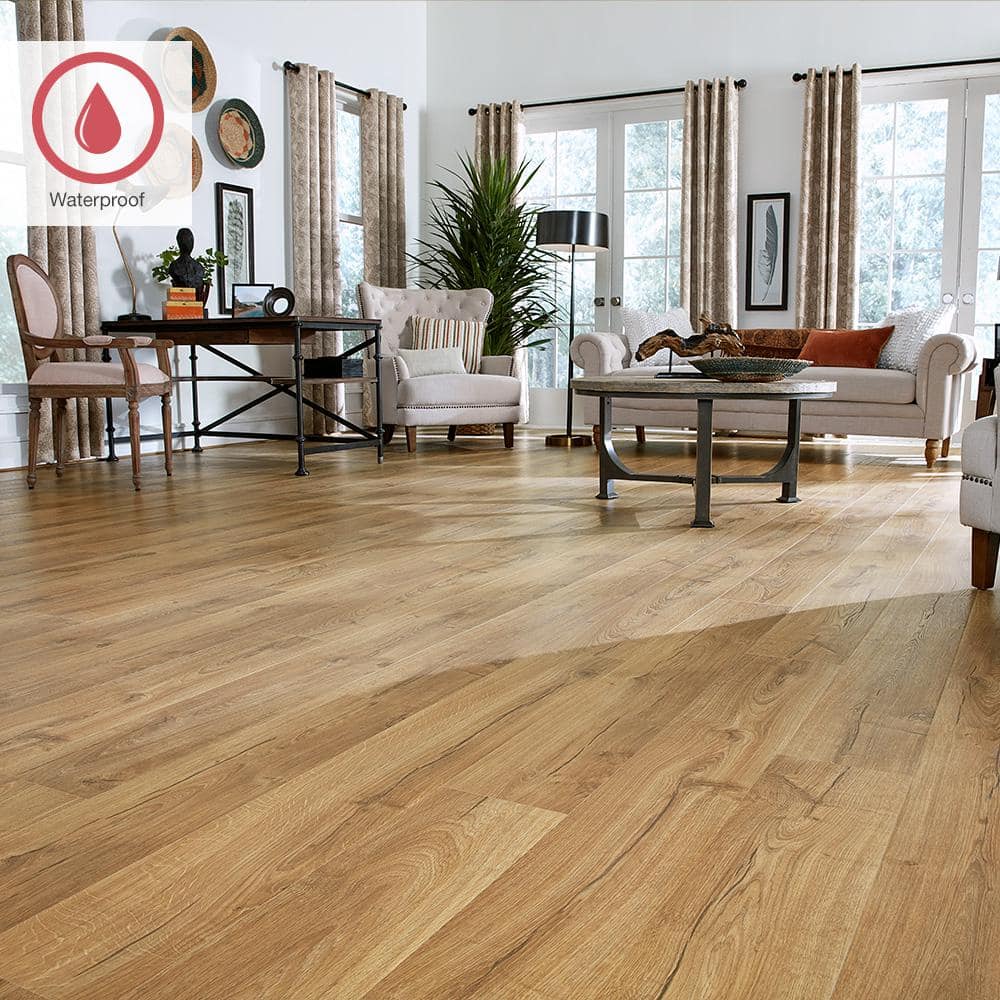 Outlast+ Marigold Oak 12 mm T x 7.4 in. W Waterproof Laminate Wood Flooring (19.63 sqft/case) - Hercitys
