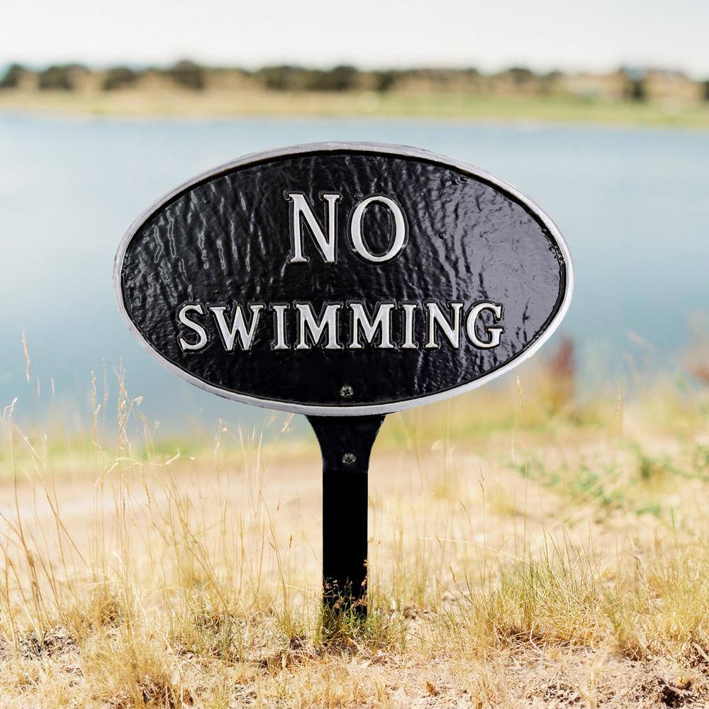 8.5 in. x 13 in. Standard Oval No Swimming Statement Plaque Sign with Lawn Stake – Black/Silver - Hercitys