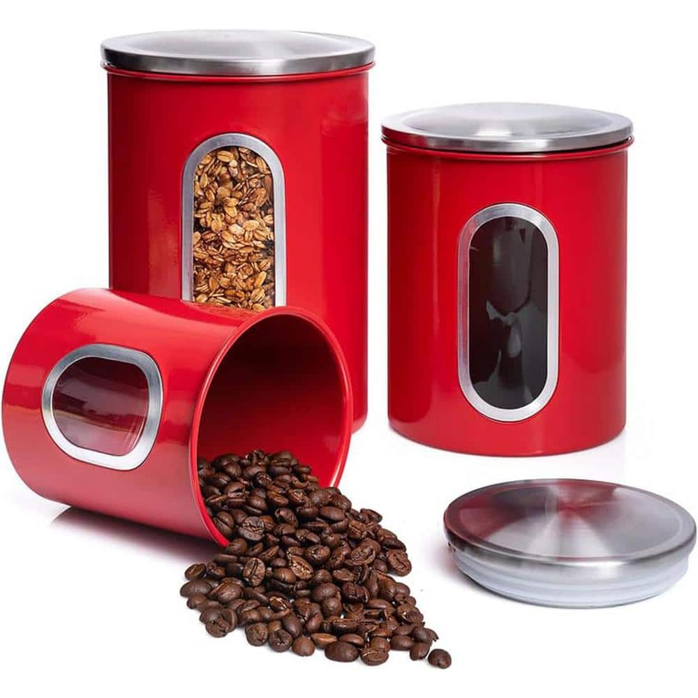 Set of 3 Plastic Canisters Kitchen Jars with See Through Window, Airtight Coffee Container Tea Organizer and Sugar Red - Hercitys