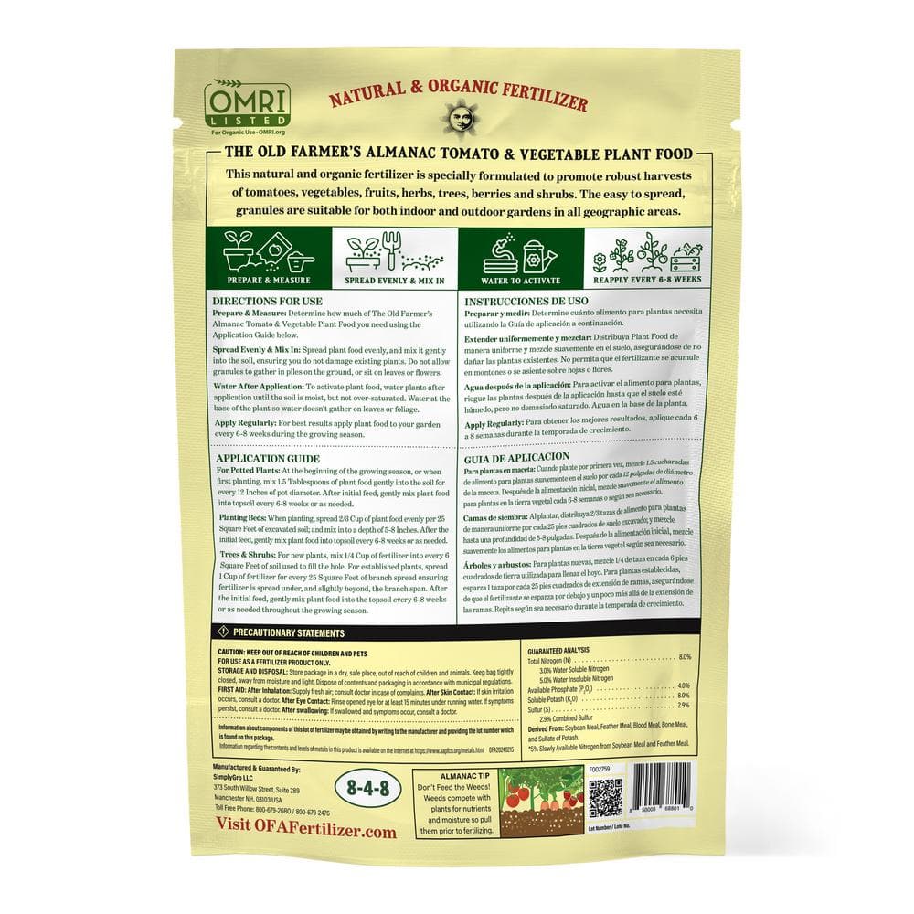 Old Farmer’s Almanac 2.25 lbs. Organic Tomato and Vegetable Plant Food Fertilizer, Covers 250 sq. ft. - Hercitys