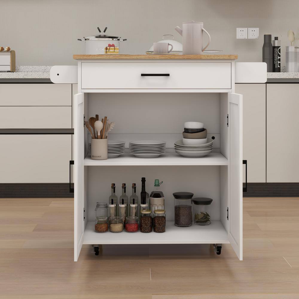White Wood 38 in. Kitchen Island with RubberWood Tabletop, Kitchen Island with Drawers, Kitchen Storage Cabinet - Hercitys