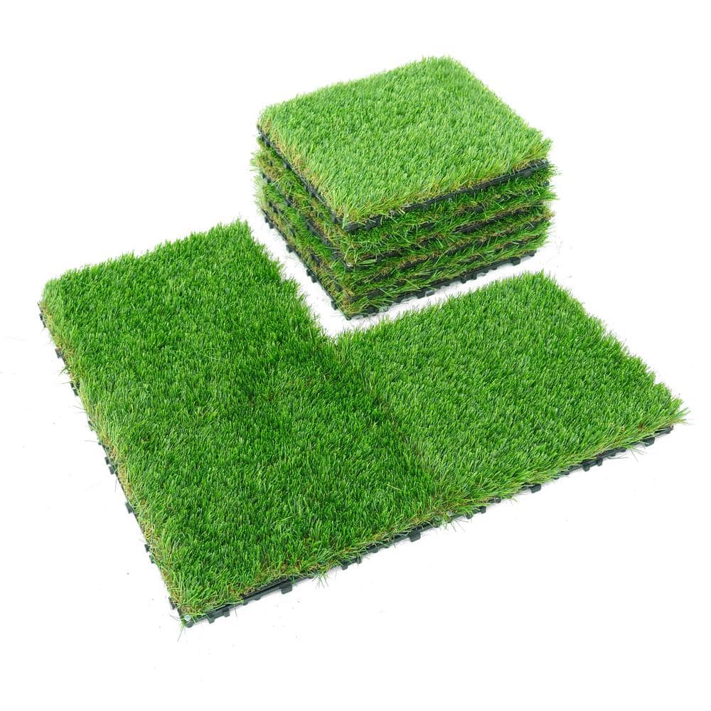 Green 12 in. x 12 in. Artificial Grass Interlocking Tiles, Interlocking Fake Faux Grass Pet Turf (9 Pack) - Hercitys