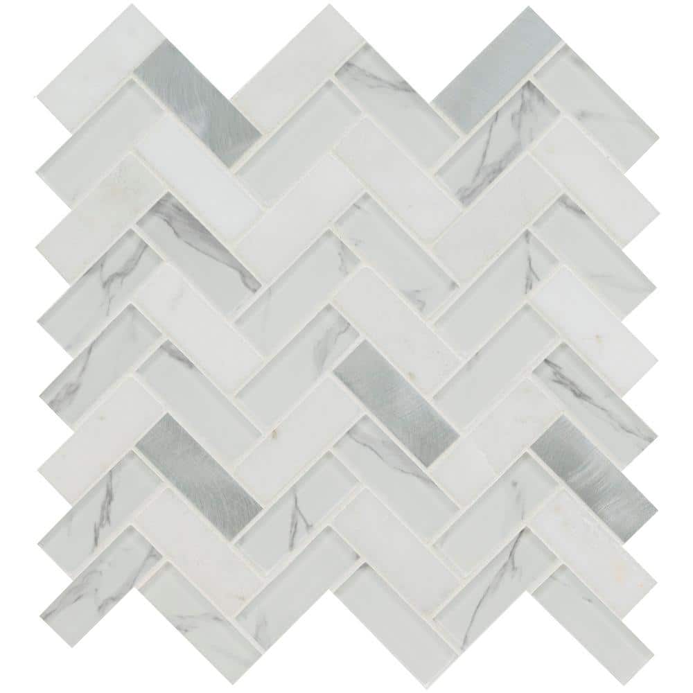 Bytle Bianco Herringbone 13 in. x 14 in. x 0.24 in. Glass Mesh-Mounted Mosaic Wall Tile (15 sq. ft./Case) - Hercitys
